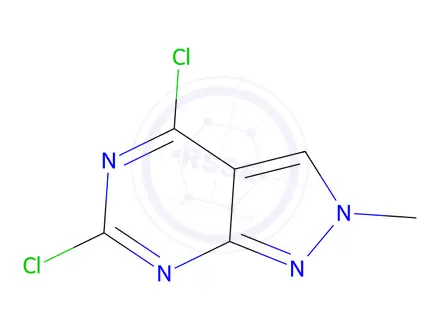 Chemical structure of 4,6-dichloro-2-methyl-2H-pyrazolo[3,4-d]pyrimidine