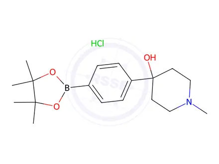 Chemical structure of 1-Methyl-4-(4-(4,4,5,5-tetramethyl-1,3,2-dioxaborolan-2-yl)phenyl)piperidin-4-ol hydrochloride