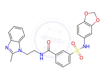 Chemical structure of 3-(N-(Benzo[d][1,3]dioxol-5-yl)sulfamoyl)-N-(2-(2-methyl-1H-benzo[d]imidazol-1-yl)ethyl)benzamide