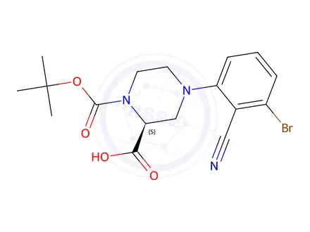 Chemical structure of (S)-4-(3-Bromo-2-cyanophenyl)-1-(tert-butoxy-carbonyl)piperazine-2-carboxylic acid