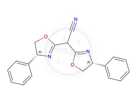 Chemical structure of (4R)-α-[(4R)-4,5-Dihydro-4-phenyl-2-oxazolyl]-4,5-dihydro-4-phenyl-2-oxazoleacetonitrile