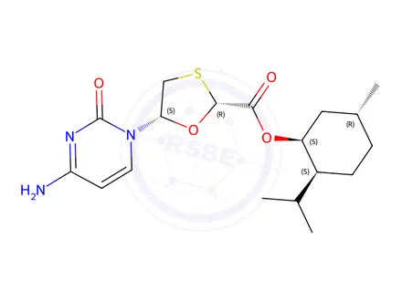 Chemical structure of (2S,5R)-(1S,2R,5S)-2-isopropyl-5-methylcyclohexyl,5-(4-amino-2-oxopyrimidin-1(2H)-yl)-1,3-oxathiolane-2-carboxylate