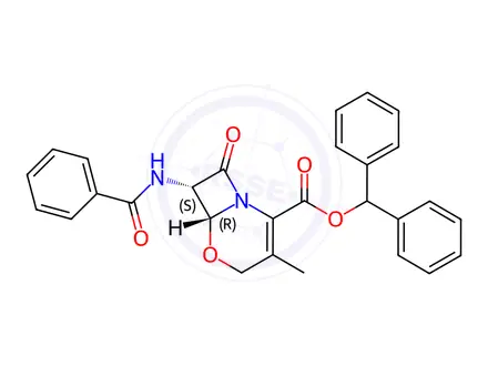 Chemical structure of (6R-trans)-7-(Benzoylamino)-3-methyl-8-oxo-5-oxa-1-azabicyclo[4.2.0]oct-2-ene-2-carboxylic Acid Diphenylmethyl Ester