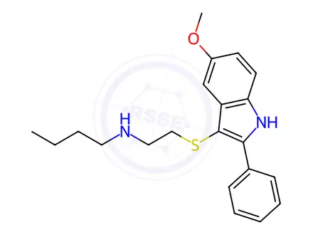 Chemical structure of N-(2-((5-Methoxy-2-phenyl-1H-indol-3-yl)thio)ethyl)butan-1-amine