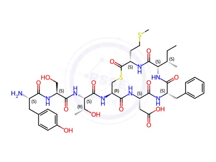 Chemical structure of 2-((3S,6S,9S,12S,15R)-15-((2S,3R)-2-((S)-2-((S)-2-Amino-3-(4-hydroxyphenyl)propanamido)-3-hydroxypropanamido)-3-hydroxybutanamido)-9-benzyl-6-((S)-sec-butyl)-3-(2-(methylthio)ethyl)-2,5,8,11,14-pentaoxo-1-thia-4,7,10,13-tetraazacyclohexadecan-12-yl)acetic Acid