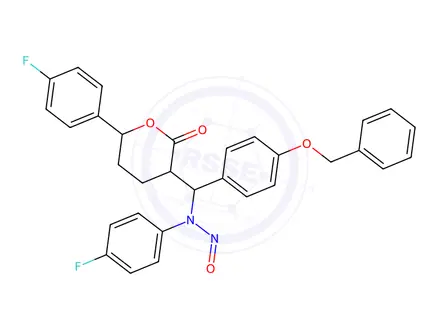 Chemical structure of N-((4-(benzyloxy)phenyl)(6-(4-fluorophenyl)-2-oxotetrahydro-2H-pyran-3-yl)methyl)-N-(4-fluorophenyl)nitrous amide