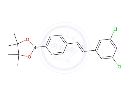 Chemical structure of (E)-2-(4-(3,5-dichlorostyryl)phenyl)-4,4,5,5-tetramethyl-1,3,2-dioxaborolane