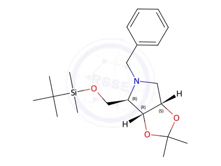 Chemical structure of 4H-1,3-Dioxolo[4,5-c]pyrrole, 4-[[[(1,1-dimethylethyl)dimethylsilyl]oxy]methyl]tetrahydro-2,2-dimethyl-5-(phenylmethyl)-, (3aR,4R,6aS)-