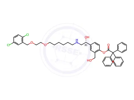 Chemical structure of (R)-4-(2-((6-(2-((2,5-Dichlorobenzyl)oxy)ethoxy)hexyl)amino)-1-hydroxyethyl)-2-(hydroxymethyl)phenol 2,2,2-triphenylacetate