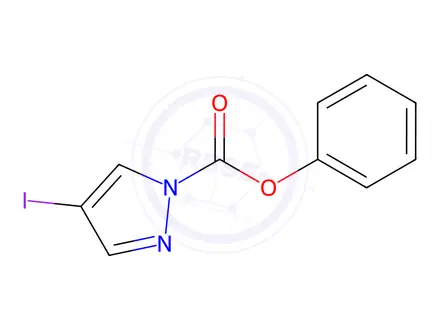 Chemical structure of phenyl 4-iodo-1H-pyrazole-1-carboxylate