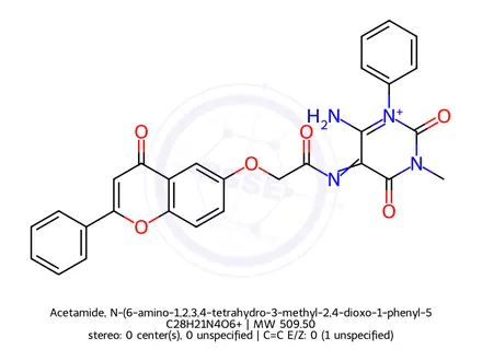 Chemical structure of Acetamide, N-(6-amino-1,2,3,4-tetrahydro-3-methyl-2,4-dioxo-1-phenyl-5-pyrimidinyl)-2-[(4-oxo-2-phenyl-4H-1-benzopyran-6-yl)oxy]-