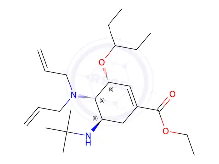Chemical structure of (3R,4S,5R)-ethyl 5-(tert-butylamino)-4-(diallylamino)-3-(pentan-3-yloxy)cyclohex-1-enecarboxylate
