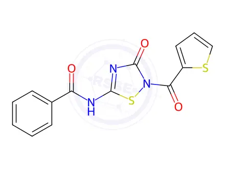 Chemical structure of N-[3-Oxo-2-(thiophene-2-carbonyl)-2,3-dihydro-1,2,4-thiadiazol-5-yl]benzamide