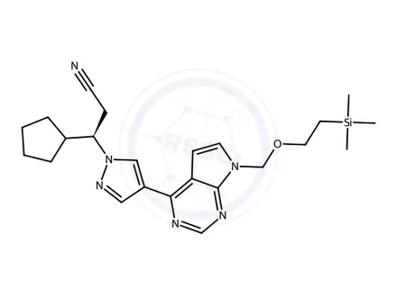 Chemical structure of (R)-3-Cyclopentyl-3-(4-(7-((2-(trimethylsilyl)ethoxy)methyl)-7H-pyrrolo[2,3-d]pyrimidin-4-yl)-1H-pyrazol-1-yl)propanenitrile (2S,3S)-2,3-bis(benzoyloxy)succinate