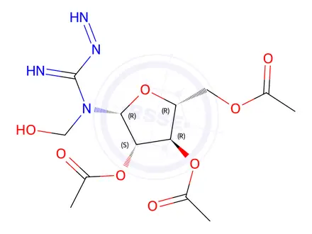 Chemical structure of (2R,3R,4S,5R)-2-(acetoxymethyl)-5-(N-(hydroxymethyl)diazenecarboximidamido)tetrahydrofuran-3,4-diyl diacetate