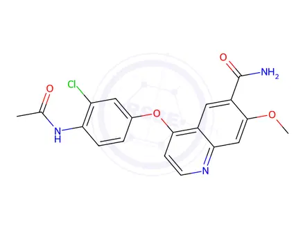 Chemical structure of 4-(4-acetamido-3-chlorophenoxy)-7-methoxyquinoline-6-carboxamide