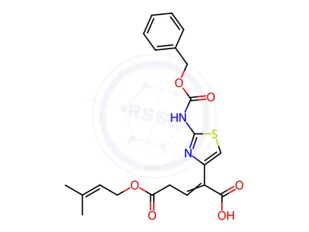 Chemical structure of 2-(2-(((Benzyloxy)carbonyl)amino)thiazol-4-yl)-5-((3-methylbut-2-en-1-yl)oxy)-5-oxopent-2-enoic Acid