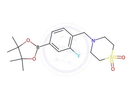 Chemical structure of 4-[2-Fluoro-4-(4,4,5,5-tetramethyl[1,3,2]dioxaborolan-2-yl)benzyl]thiomorpholine 1,1-dioxide