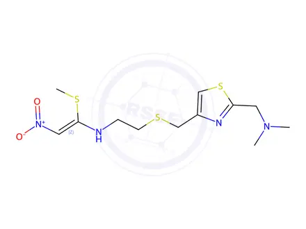 Chemical structure of (Z)-N-(2-(((2-((dimethylamino)methyl)thiazol-4-yl)methyl)thio)ethyl)-1-(methylthio)-2-nitroethenamine