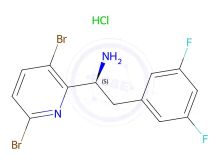 Chemical structure of (S)-1-(3,6-Dibromopyridin-2-yl)-2-(3,5-difluorophenyl)ethan-1-amine hydrochloride