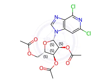 Chemical structure of 1-(2,3,5-Tri-O-acetyl-β-D-ribofuranosyl)-4,6-dichloroimidazo[4,5-c]pyridine