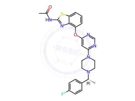 Chemical structure of N-{4-[(6-{4-[(1R)-1-(4-fluorophenyl)ethyl]piperazin-1-yl}pyrimidin-4-yl)oxy]-1,3-benzothiazol-2-yl}acetamide