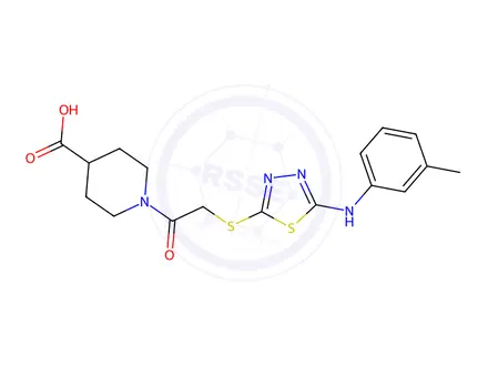 Chemical structure of 1-[({5-[(3-methylphenyl)amino]-1,3,4-thiadiazol-2-yl}thio)acetyl]piperidine-4-carboxylic acid