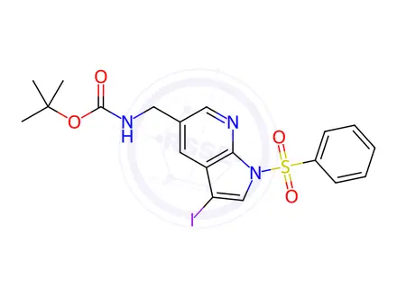 Chemical structure of Carbamic acid, N-[[3-iodo-1-(phenylsulfonyl)-1H-pyrrolo[2,3-b]pyridin-5-yl]methyl]-, 1,1-dimethylethyl ester