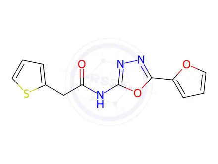 Chemical structure of N-(5-(Furan-2-yl)-1,3,4-oxadiazol-2-yl)-2-(thiophen-2-yl)acetamide