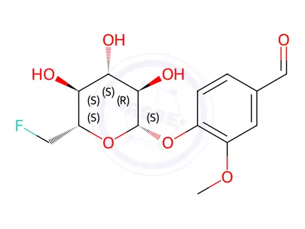 Chemical structure of Benzaldehyde, 4-[(6-deoxy-6-fluoro-β-D-glucopyranosyl)oxy]-3-methoxy-