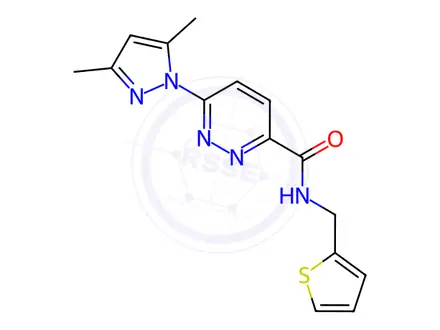 Chemical structure of 6-(3,5-Dimethyl-1H-pyrazol-1-yl)-N-(thiophen-2-ylmethyl)pyridazine-3-carboxamide