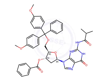 Chemical structure of 5'-O-[bis(4-methoxyphenyl)phenylmethyl]-2'-deoxy-N-(2-methyl-1-oxopropyl)guanosine 3'-benzoate