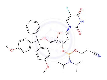 Chemical structure of (2R,3S,5R)-2-((Bis(4-methoxyphenyl)(phenyl)methoxy)methyl)-5-(5-fluoro-2,4-dioxo-3,4-dihydropyrimidin-1(2H)-yl)tetrahydrofuran-3-yl (2-cyanoethyl) diisopropylphosphoramidite