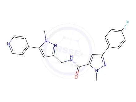 Chemical structure of 3-(4-Fluorophenyl)-1-methyl-N-((1-methyl-5-(pyridin-4-yl)-1H-pyrazol-3-yl)methyl)-1H-pyrazole-5-carboxamide