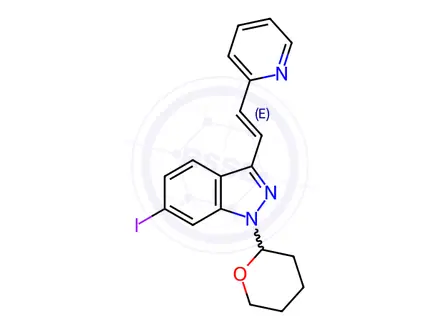 Chemical structure of (E)-6-Iodo-3-[2-(pyridin-2-yl)ethenyl]-1-(tetrahydro-2H-pyran-2-yl)-1H-indazole