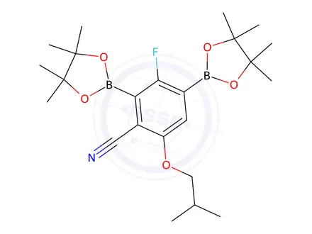 Chemical structure of 3-Fluoro-6-isobutoxy-2,4-bis(4,4,5,5-tetramethyl-1,3,2-dioxaborolan-2-yl)benzonitrile