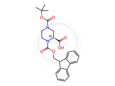 Chemical structure of (S)-1-(((9H-Fluoren-9-yl)methoxy)carbonyl)-4-(tert-butoxycarbonyl)piperazine-2-carboxylic acid