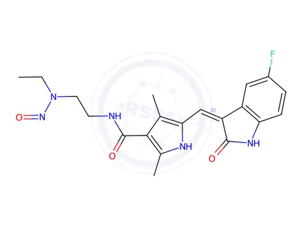 Chemical structure of (Z)-N-(2-(ethyl(nitroso)amino)ethyl)-5-((5-fluoro-2-oxoindolin-3-ylidene)methyl)-2,4-dimethyl-1H-pyrrole-3-carboxamide