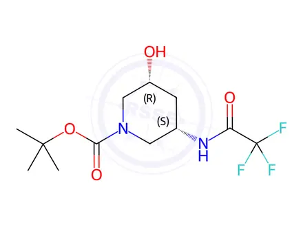 Chemical structure of (3S,5R)-3-Hydroxy-5-(2,2,2-trifluoro-acetylamino)-piperidine-1-carboxylic acid tert-butyl ester