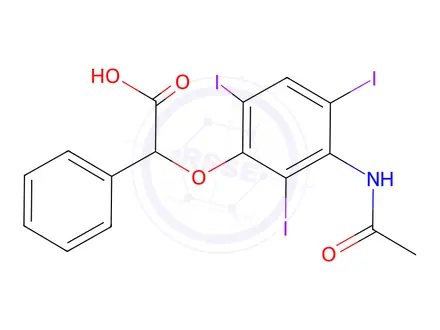 Chemical structure of 2-[3-(Acetylamino)-2,4,6-triiodophenoxy]-2-phenylacetic acid