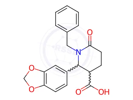 Chemical structure of 2-(1,3-Benzodioxol-5-yl)-1-benzyl-6-oxo-3-piperidinecarboxylic acid