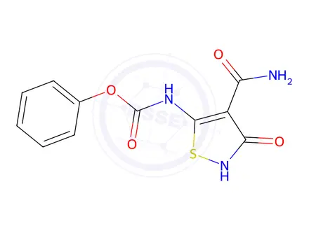 Chemical structure of (4-carbaMoyl-3-hydroxy-isothiazol-5-yl)-carbaMic acid phenyl ester