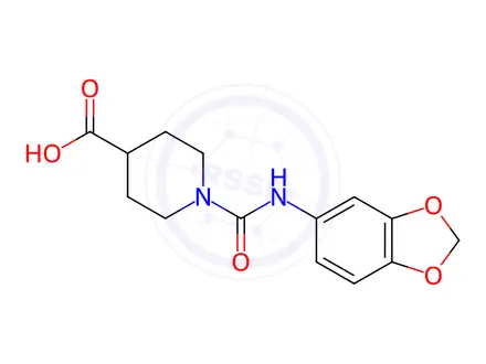 Chemical structure of 1-[(1,3-benzodioxol-5-ylamino)carbonyl]-4-piperidinecarboxylic acid