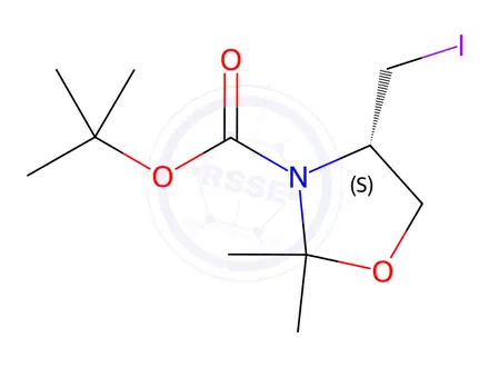 Chemical structure of 3-Oxazolidinecarboxylic acid, 4-(iodomethyl)-2,2-dimethyl-, 1,1-dimethylethyl ester, (4S)-
