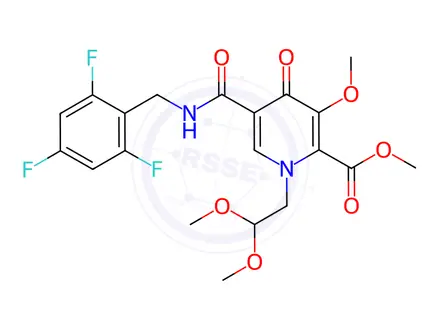 Chemical structure of Methyl 5-(2,4,6-trifluorobenzylcarbamoyl)-1,4-dihydro-1-(2,2-dimethoxyethyl)-3-methoxy-4-oxopyridine-2-carboxylate