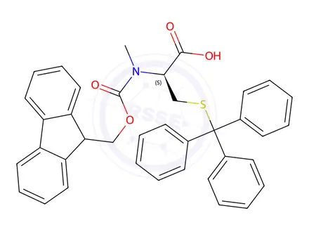 Chemical structure of (S)-2-((((9H-Fluoren-9-yl)methoxy)carbonyl)(methyl)amino)-3-(tritylthio)propanoic acid