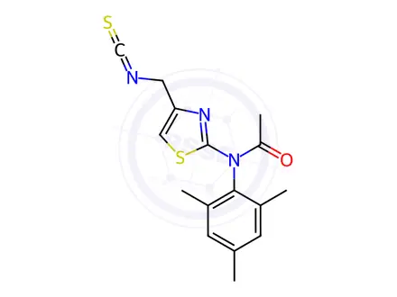 Chemical structure of N-[4-(isothiocyanatomethyl)-1,3-thiazol-2-yl]-N-(2,4,6-trimethylphenyl)acetamide