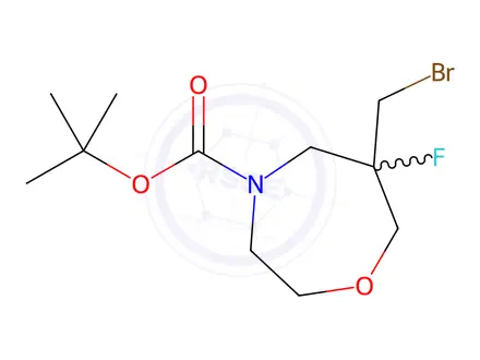 Chemical structure of 1,4-Oxazepine-4(5H)-carboxylic acid, 6-(bromomethyl)-6-fluorotetrahydro-, 1,1-dimethylethyl ester