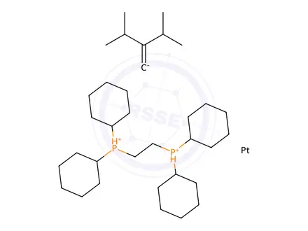 Chemical structure of {3-Methyl-2-(2-propyl)-1-butene}{bis(dicyclohexylphosphino)ethane}platinum(0)