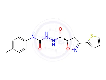 Chemical structure of N-{[(4-methylphenyl)carbamoyl]amino}-3-(thiophen-2-yl)-4,5-dihydro-1,2-oxazole-5-carboxamide